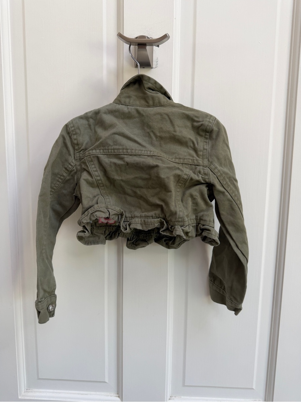 Little Lass Girls 5 Olive Green Embroidered Crop Jean Jacket with Flowers - Picture 6 of 6